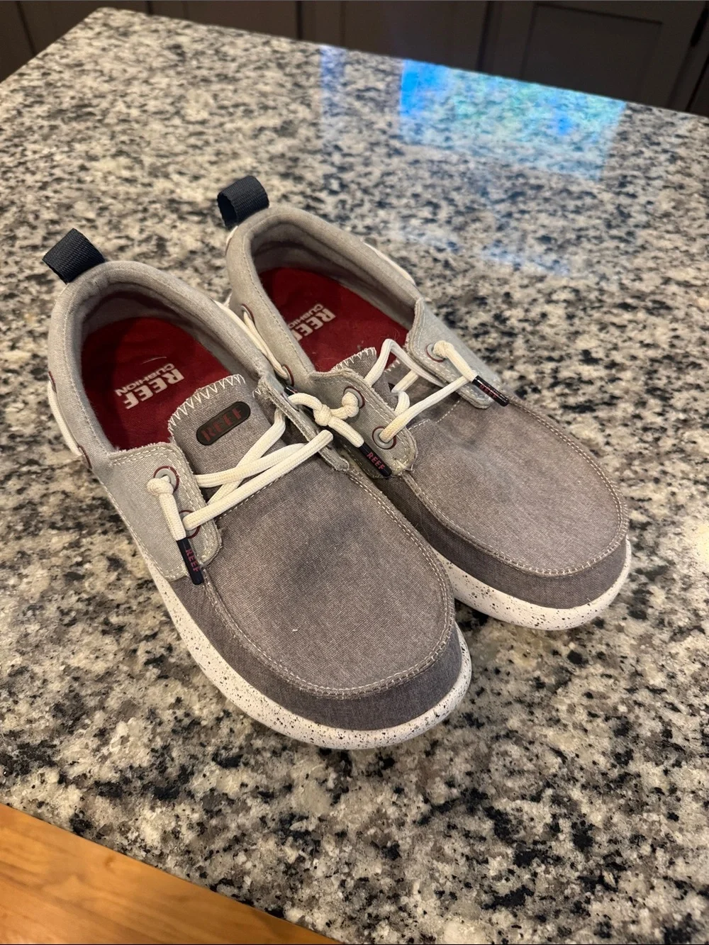 Reef Men’s Gray Canvas Lace-Up Boat Shoes with Red Insole